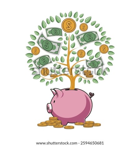 piggy bank vector, Piggy bank pig next to a tree made of gold coins money more dollar Suitable for Manufacturing T-Shirt, Sticker, Coloring Book, vector illustration etc.
