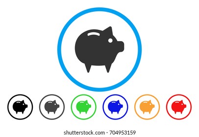 Piggy Bank vector rounded icon. Image style is a flat gray icon symbol inside a blue circle. Bonus color versions are grey, black, blue, green, red, orange.