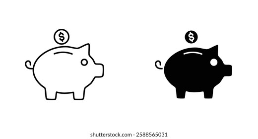 Piggy bank vectors icons set in filled and strokes on white background