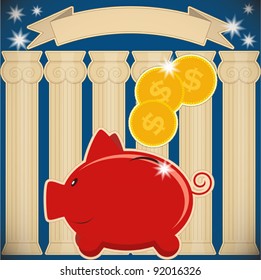 piggy bank - vintage card - vector illustration