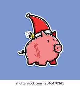 Piggy bank usar chapéu de Natal e inserir moeda de ouro nas costas salvando para presente de Natal apresenta conceito vetor ilustração design adesivo estilo isolado em um fundo azul