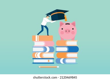 Piggy bank wearing graduated hat, education fund, collect money for school, school textbooks, college cost, Vector illustration design concept in flat style