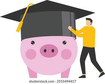 Piggy bank wearing graduated hat, education fund, collect money for school, school textbooks, college cost, Vector illustration design concept in flat style

