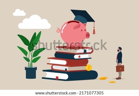 Piggy bank wearing graduation hat on stack on school textbooks and dollar money coins. Education fund, collect money for school, college and university cost, student scholarship or loan.