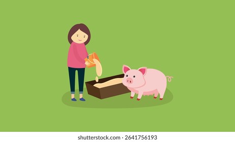 Piggy bank and woman with piglet. Vector illustration.