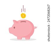 Piggy bank with Yuan currency coin vector illustration in pink color. Saving, investing and accumulation money. Pig in a flat style. Cute pig shaped money box with falling China gold coin.