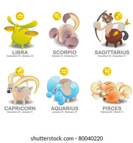 Piggy Bank of Zodiac icon set: Libra, Scorpio, Sagittarius, Capricorn, Aquarius, Pisces