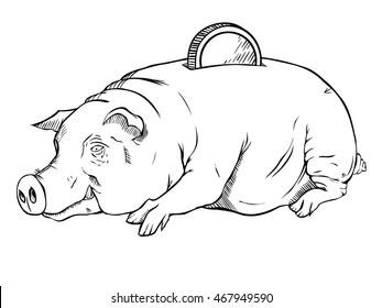 piggy bank.animal protection.Engraving style. Vector illustration.
