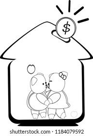 Piggy bank,Household Savings, Savings for home builders, money to the family, money out pair, black and white outline