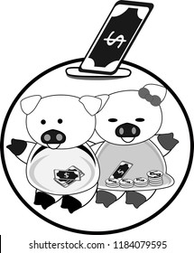 Piggy bank,Household Savings, Savings for home builders, money to the family, money out pair, black and white outline