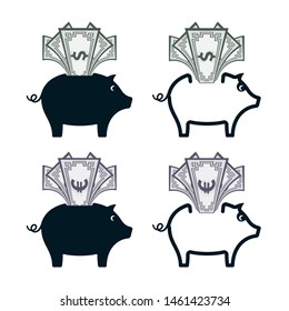 Piggy banks with banknotes on white background. Financial vector icons.