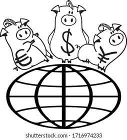 Piggy banks with different currencies . Concept of international monetary relations.