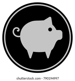 Piggy black coin icon. Vector style is a flat coin symbol using black and light gray colors.