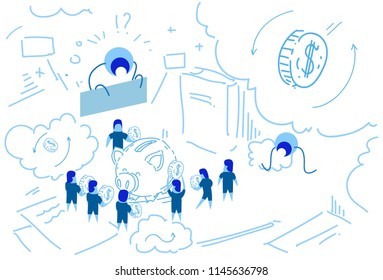 piggy box businessman put dollar coin money growth wealth concept strategy people group brainstorming teamwork success sketch doodle horizontal vector illustration