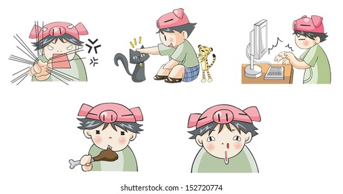 Piggy boy cartoon icon in various action like eating, angry, playing with cat pet, typing on computer, and thinking pervert set 6, create by vector