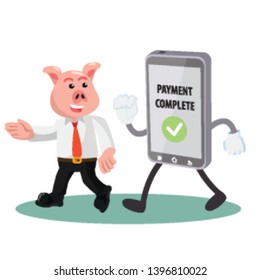 Piggy Business Man With Complete Payment Mobile Isolated White