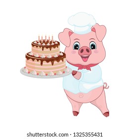 Piggy chef in a cap holding a large chocolate cake. Funny funny and cute piggy in cartoon style isolated on white background-vector.