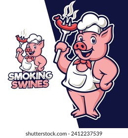 Piggy Chef Mascot Logo Design. Funny smile and playful cartoon mascot . restaurant bussines