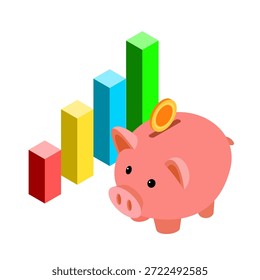 Cerdito con moneda y gráfico. Icono de ahorro o acumulación de dinero, inversión. Icono de hucha en un estilo isométrico. Vector ilustrador.
