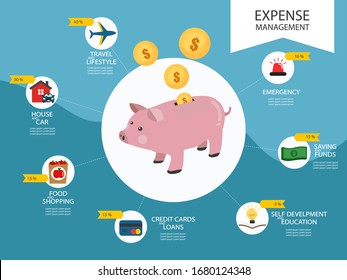 Piggy coin, expense management infographic vector illustration