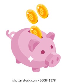 Piggy com ilustração vetorial moeda. ícone de poupança ou acumulação de dinheiro, investimento. ícone cofrinho em um estilo isométrico, isolado do fundo. O conceito de serviços bancários ou empresariais.