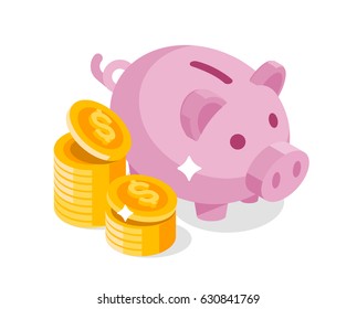 Piggy with coin vector illustration. Icon saving or accumulation of money, investment. Icon piggy bank in a isometric style, isolated from the background. The concept of banking or business services. 