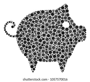 Piggy collage of round dots in various sizes and color hues. Circle dots are combined into piggy vector illustration. Vector design concept.