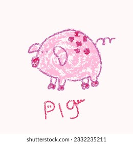 Piggy drawings with crayon. Kids doodle drawing, children crayon drawing and hand drawn, pastel pencil doodle vector illustration