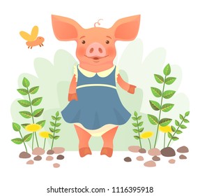 Piggy in dress. Cute funny piggy girl in dress. Vector illustration