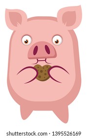 Piggy is eating a cookie, illustration, vector on white background.