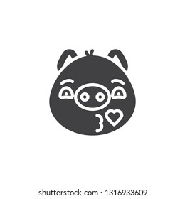 Piggy face blowing a heart kiss emoticon vector icon. filled flat sign for mobile concept and web design. Kissing piggy face emoji glyph icon. Pig year zodiac symbol, logo illustration.