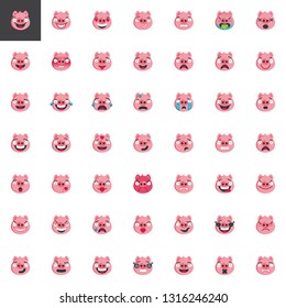 Piggy face emoticon elements collection, flat icons set, Colorful symbols pack contains - Smiling pig emoji, happy smiley character, new year pig character. Vector illustration. Flat style design