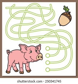 Piggy game. Vector illustration of maze(labyrinth) game with cute cartoon pig for children