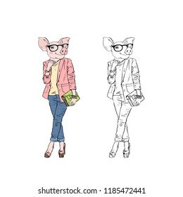 piggy girl dressed up in modern casual style, anthropomorphic animal illustration