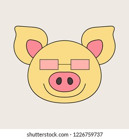 Piggy with glasses.Face isolated animal for decoration. Children's drawing. Delicate colors.