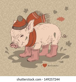  Piggy in gumboots, I Love Autumn, Vector Illustration