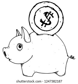 Piggy hand drawn. Vector illustration of pig money box. Icon funny pig piggy bank.