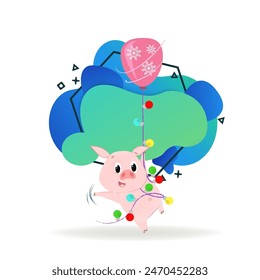 Piggy hanging on garland illustration. Piglet hanging on garland and air balloon. New Year, fairy tales, cartoon character. Can be used for postcards, posters, greeting cards