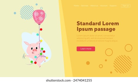 Piggy hanging on garland illustration. Piglet hanging on garland and air balloon. New Year, fairy tales concept can be used for banner, website design or landing page