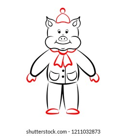 Piggy in hat and clothes in black and red outline on white background.