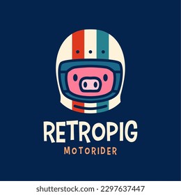 Piggy Helmet Retro Pig Moto Rider Cartoon Mascot Character Logo Vector Icon Illustration