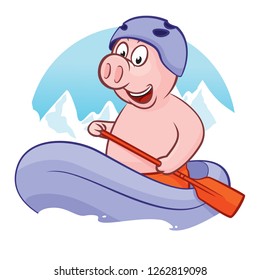 Piggy in helmet riding a kayak on river. Pig rowing with a paddle while traveling by boat. Piglet paddling a canoe. Vector cartoon illustration