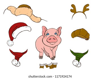 piggy and her winter clothes, hats, scarves, leggings isolated on white background, set for design, vector illustration