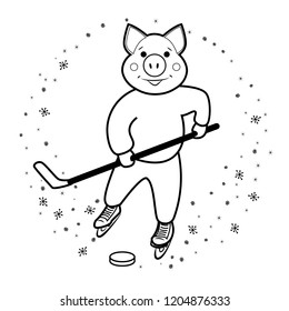 Piggy- hockey player, holds in the paws stick for playing hockey. Winter sports on ice. Surrounded by hand-drawn snowflakes.Outlines style. Coloring for kids. Isolated on white background. Vector 