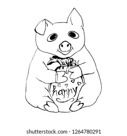 piggy holding a gift with the inscription happy on a white background, hand-drawn