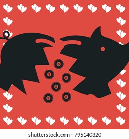 Piggy icon flat. Simple black pictogram on red background with white hearts for valentines day. Vector illustration symbol