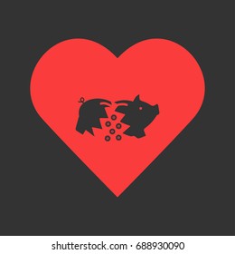 Piggy icon flat. Simple pictogram on heart background. Vector illustration symbol