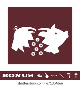 Piggy icon flat. White pictogram on brown background. Vector illustration symbol and bonus icons