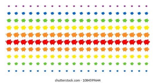 Piggy icon spectrum halftone pattern. Vector pictograms organized into halftone grid with vertical rainbow colors gradient. Constructed for backgrounds, covers, templates and abstraction compositions.