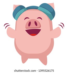 Piggy is listening music on headphones, illustration, vector on white background.